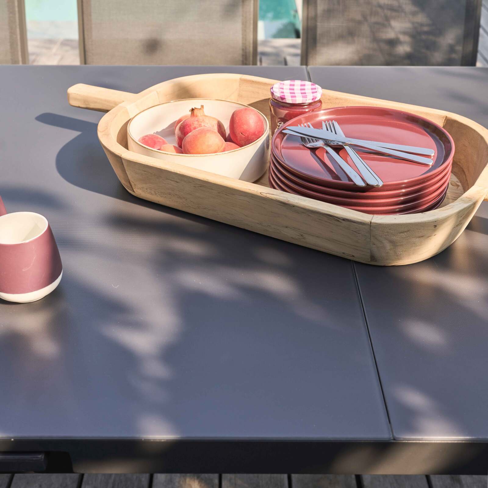 Mesa de jardín rectangular extensible con 8 sillas y 2 sillas con reposabrazos