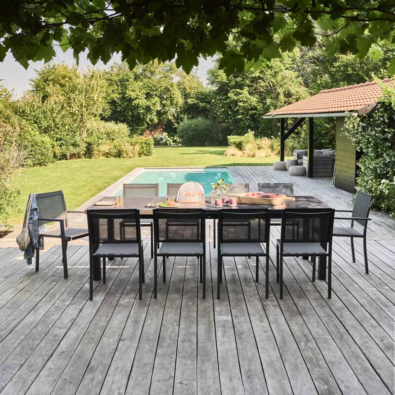 Mesa de jardín rectangular extensible con 8 sillas y 2 sillas con reposabrazos