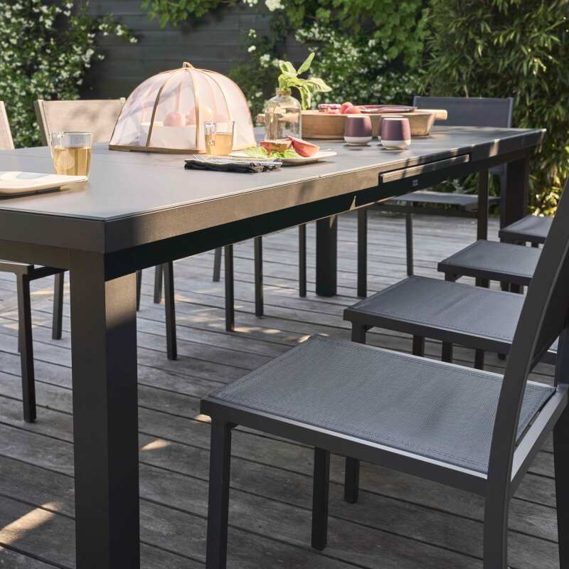 Mesa de jardín rectangular extensible con 8 sillas y 2 sillas con reposabrazos