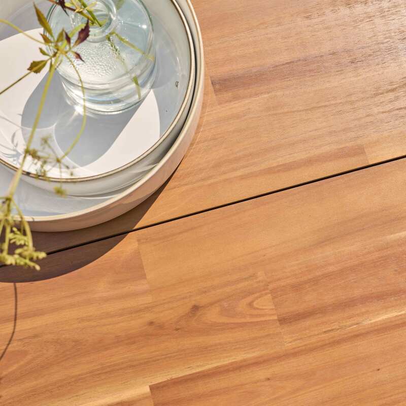 Mesa de jardín rectangular de 200 x 75 cm de aluminio y madera de acacia y 8 sillas con reposabrazos