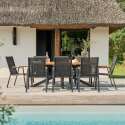 Mesa de jardín rectangular de 200 x 75 cm de aluminio y madera de acacia y 8 sillas con reposabrazos