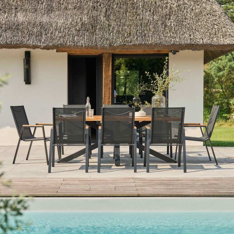 Mesa de jardín rectangular de 200 x 75 cm de aluminio y madera de acacia y 8 sillas con reposabrazos