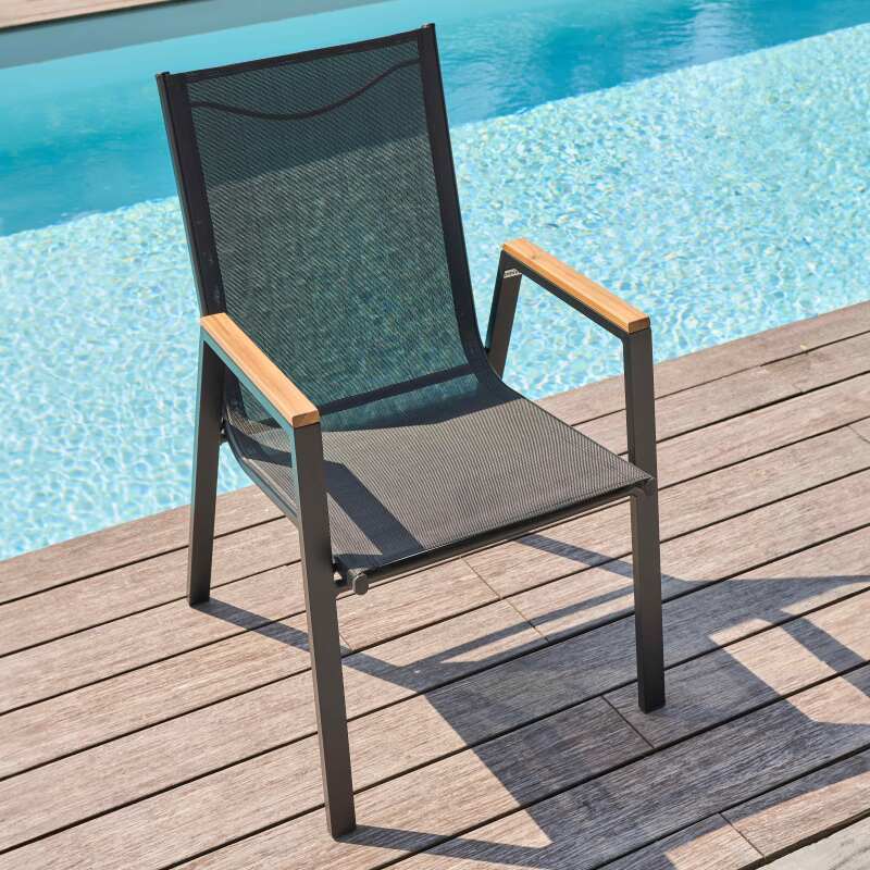 Mesa de jardín rectangular de 200 x 75 cm de aluminio y madera de acacia y 8 sillas con reposabrazos