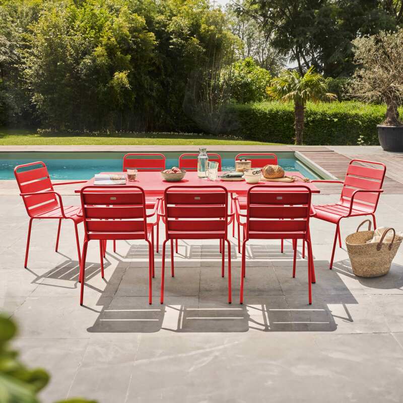 Mesa de jardín de metal 180x90 cm y 8 sillas con reposabrazos - Lifestyle