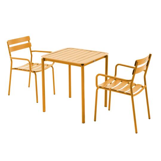 Mesa de patio cuadrada de 70 x 70 cm y 2 sillas con reposabrazos de aluminio | Oviala