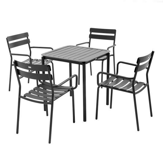 Mesa de patio cuadrada de 70 x 70 cm y 4 sillas con reposabrazos de aluminio