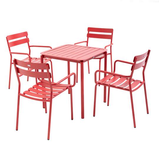 Mesa de patio cuadrada de 70 x 70 cm y 4 sillas con reposabrazos de aluminio
