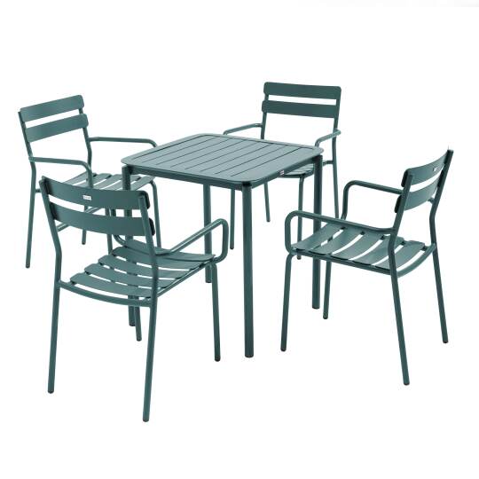 Mesa de patio cuadrada de 70 x 70 cm y 4 sillas con reposabrazos de aluminio