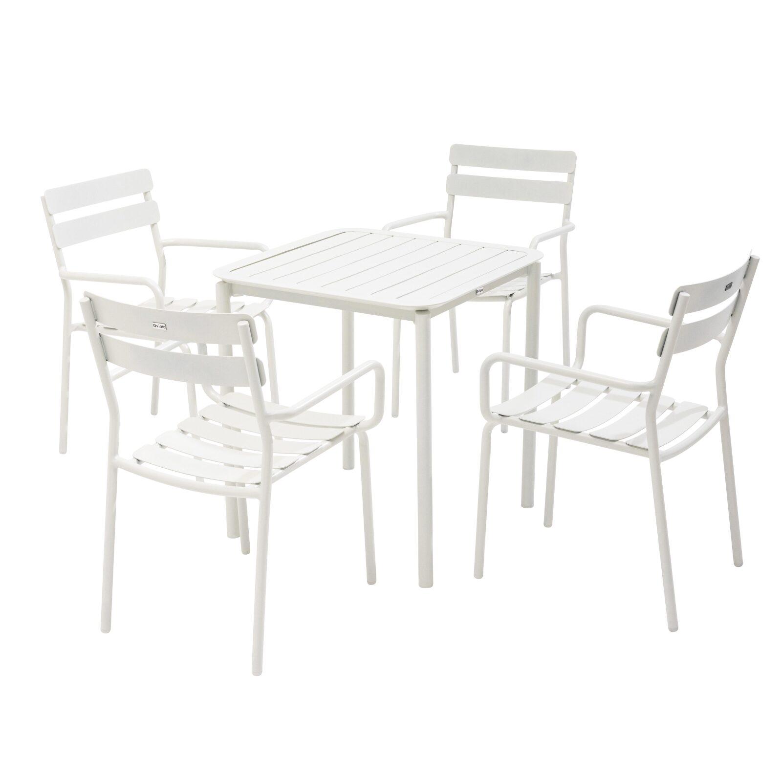 Mesa de patio cuadrada de 70 x 70 cm y 4 sillas con reposabrazos de aluminio