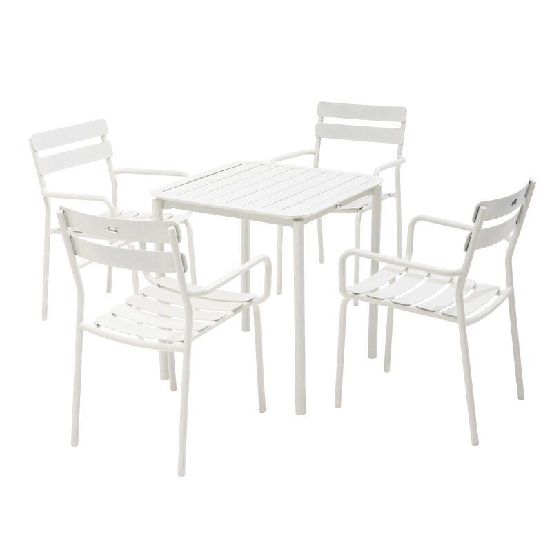 Mesa de patio cuadrada de 70 x 70 cm y 4 sillas con reposabrazos de aluminio
