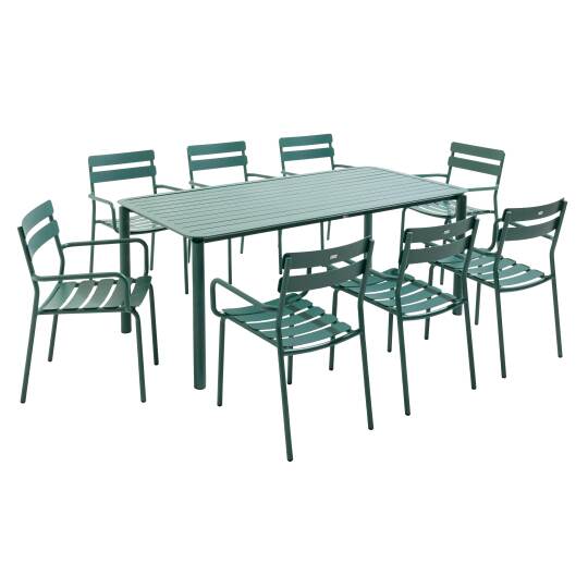Mesa de terraza rectangular 185 x 92 cm y 8 sillas con reposabrazos de aluminio