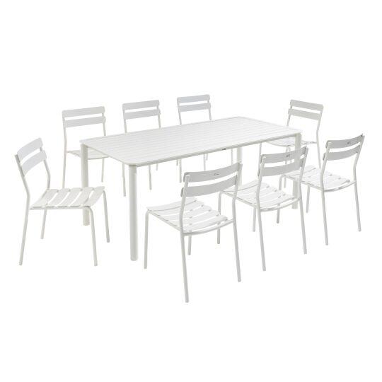 Mesa de terraza rectangular 185 x 92 cm y 8 sillas de aluminio