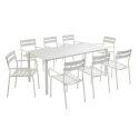 Mesa de terraza rectangular 185 x 92 cm y 8 sillas con reposabrazos de aluminio