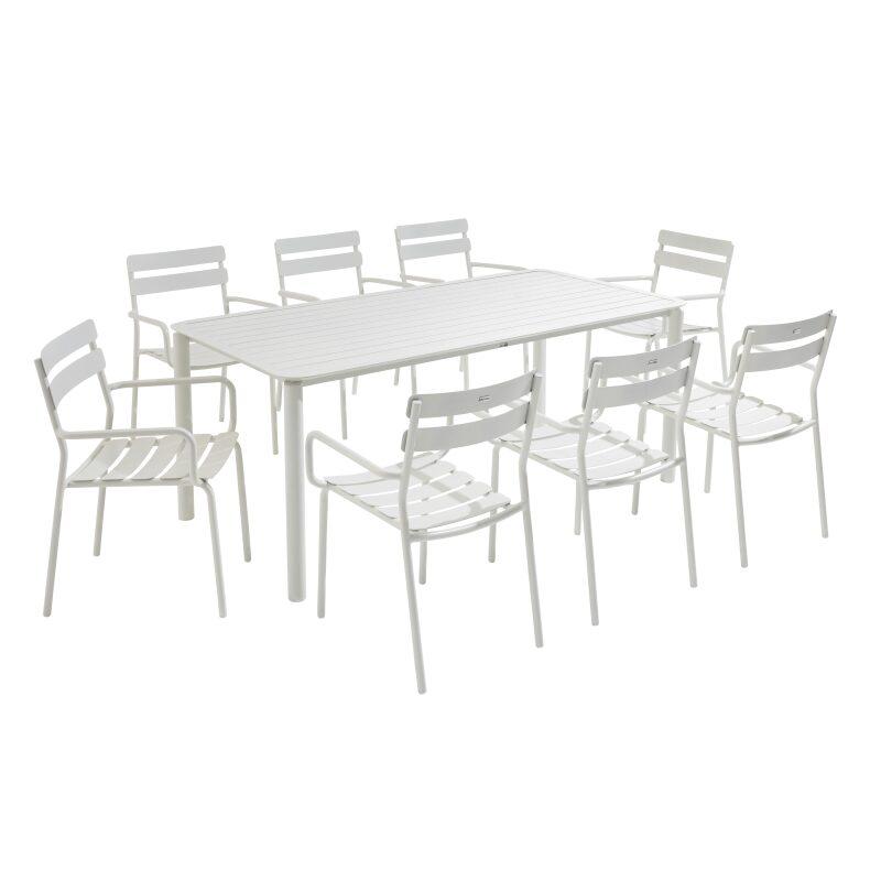 Mesa de terraza rectangular 185 x 92 cm y 8 sillas con reposabrazos de aluminio