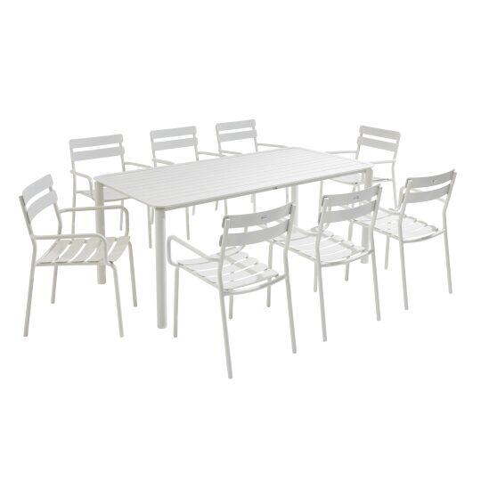 Mesa de jardín de aluminio 185x92 cm y 8 sillas con reposabrazos | Oviala