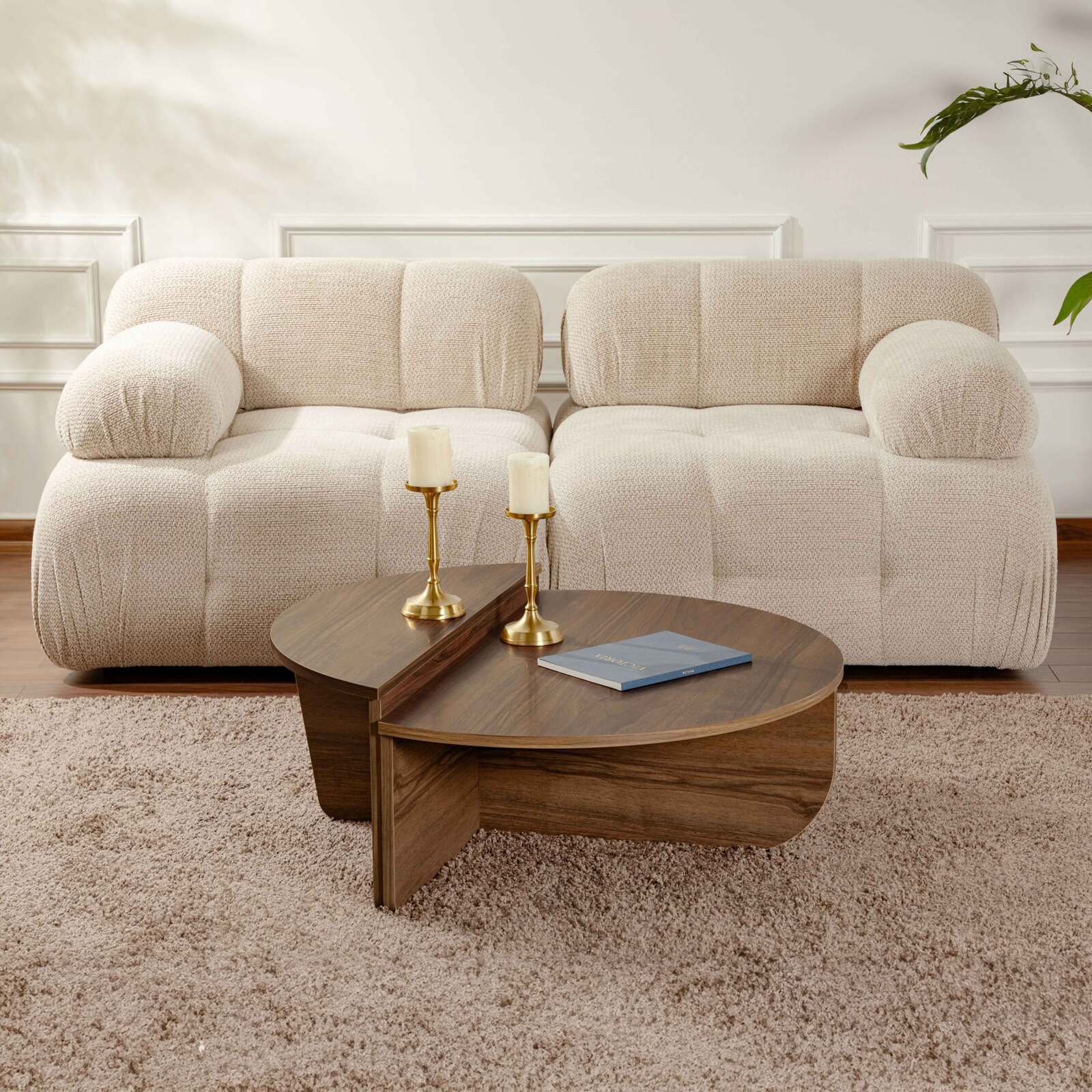 Mesa de centro ovalada en melamina efecto madera