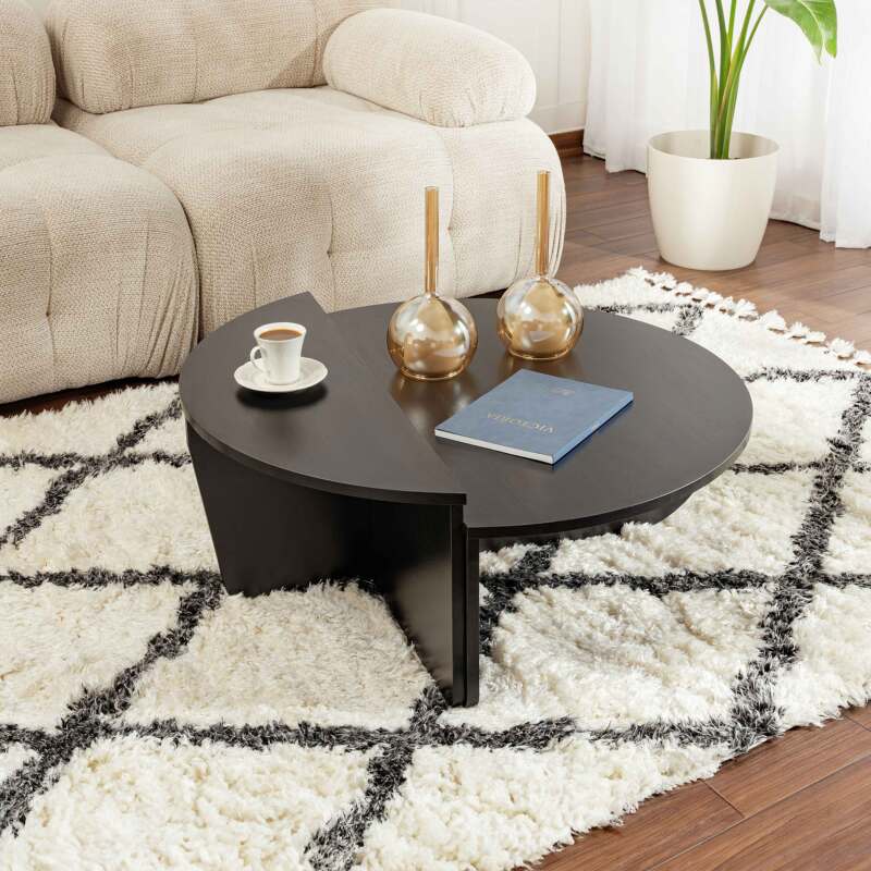 Mesa de centro ovalada en melamina efecto madera