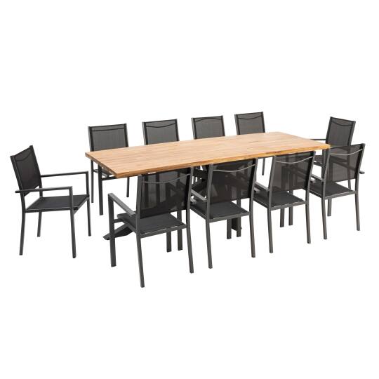 Mesa de jardín de madera de acacia y aluminio 240x95 cm y 8 sillas con reposabrazos de textilene | Oviala