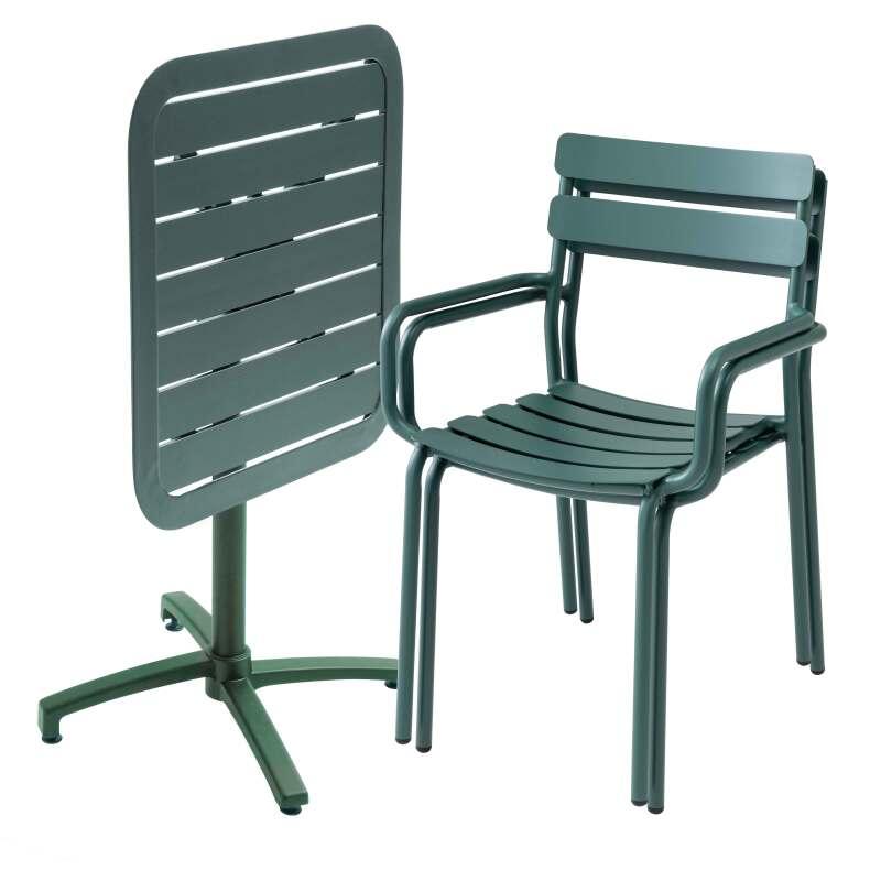 Mesa de terraza de aluminio reclinable 70x70 cm y 2 sillas con reposabrazos