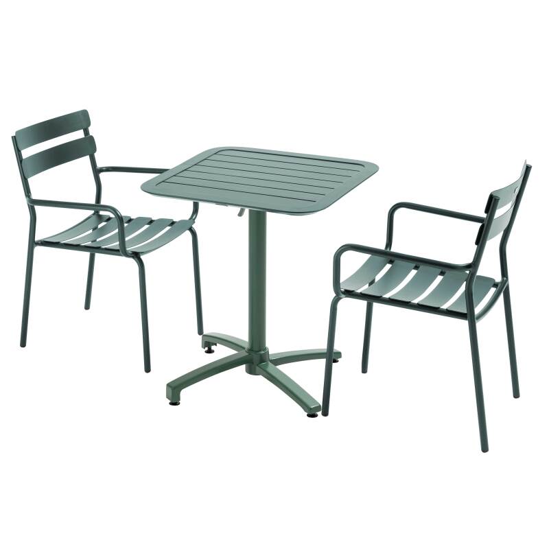Mesa de terraza de aluminio reclinable 70x70 cm y 2 sillas con reposabrazos