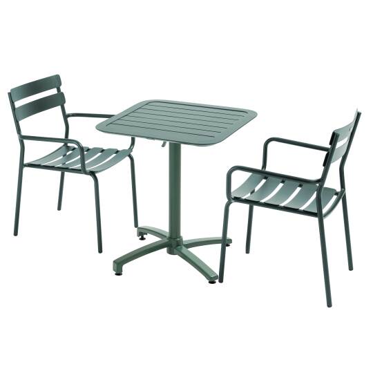 Mesa de jardín bistro cuadrada inclinable de aluminio 70x70 cm y 2 sillas con reposabrazos | Oviala