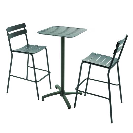 Mesa alta reclinable de 60x60 cm y 2 sillas altas de aluminio