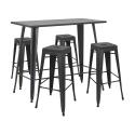 Mesa alta de jardín de 120 x 60 cm y 4 taburetes de metal negro mate