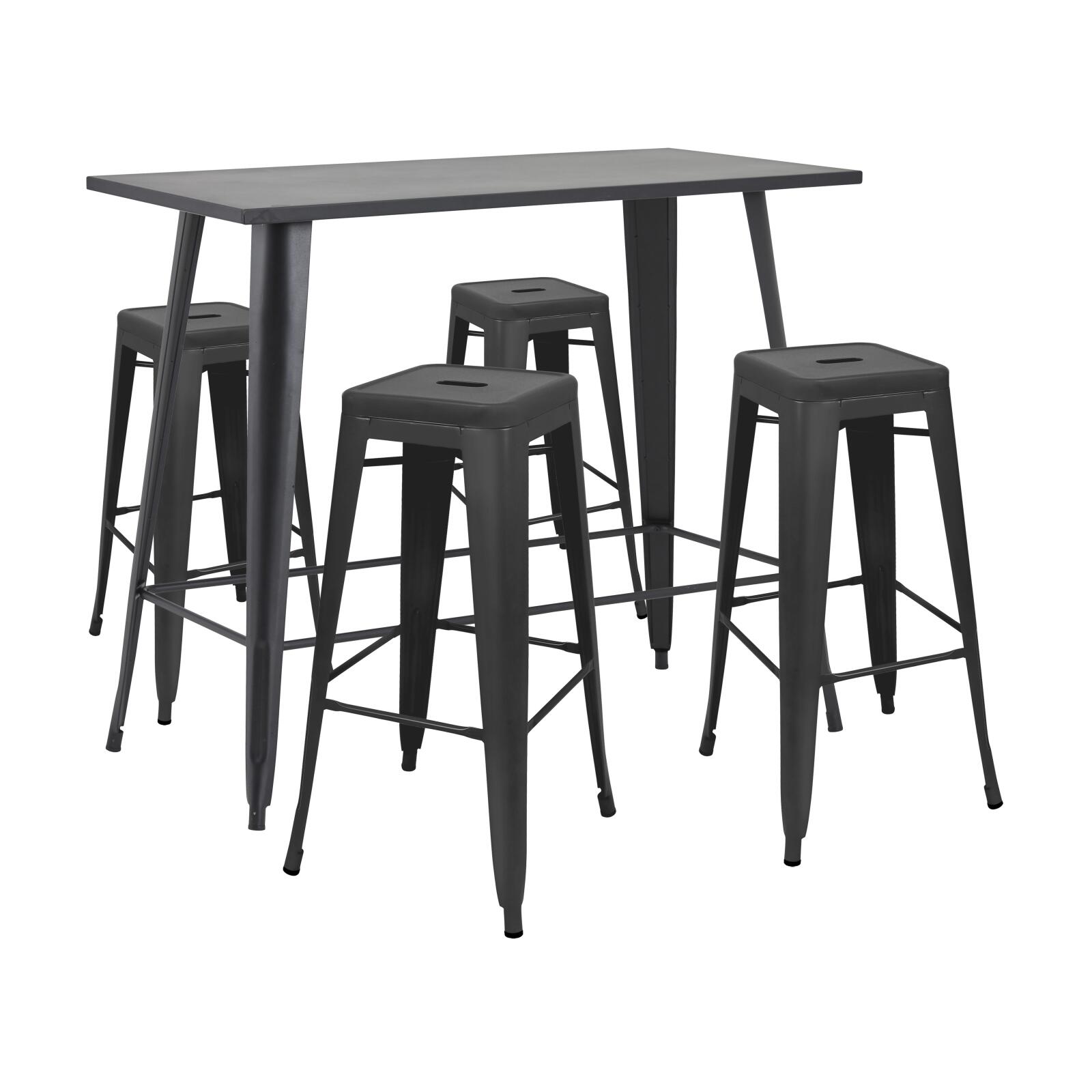 Mesa alta de jardín de 120 x 60 cm y 4 taburetes de metal negro mate Mesa alta de jardín de 120 x 60 cm y 4 taburetes de metal negro mate