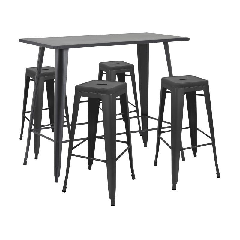 Mesa alta de jardín de 120 x 60 cm y 4 taburetes de metal negro mate