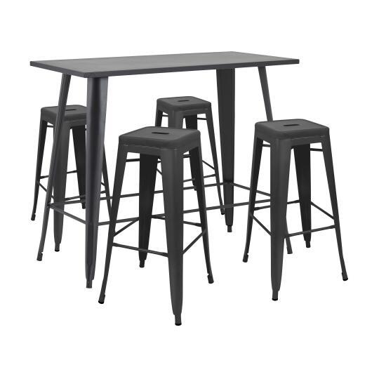 Mesa alta de jardín de 120 x 60 cm y 4 taburetes de metal negro mate