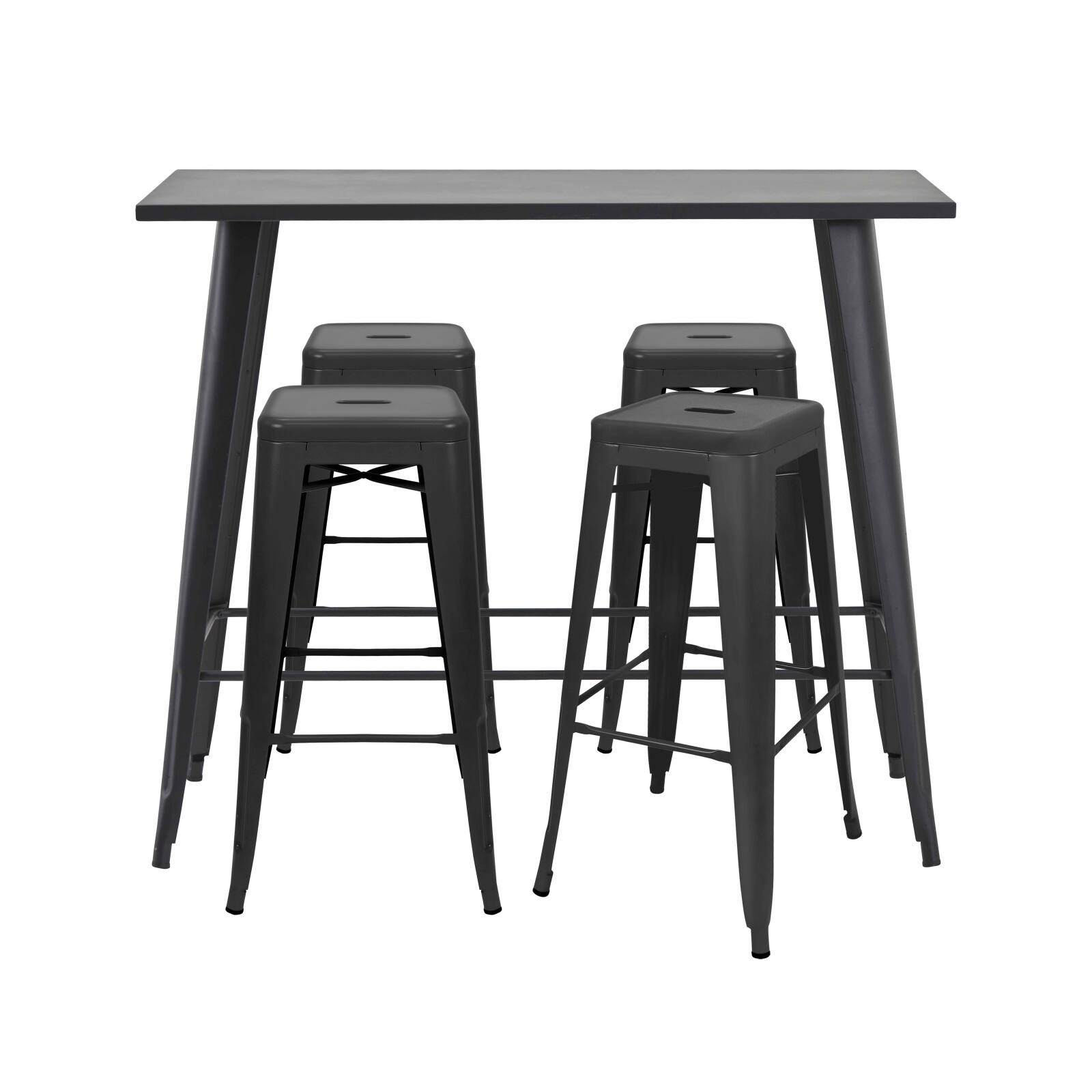 Mesa alta de jardín de 120 x 60 cm y 4 taburetes de metal negro mate Mesa alta de jardín de 120 x 60 cm y 4 taburetes de metal negro mate