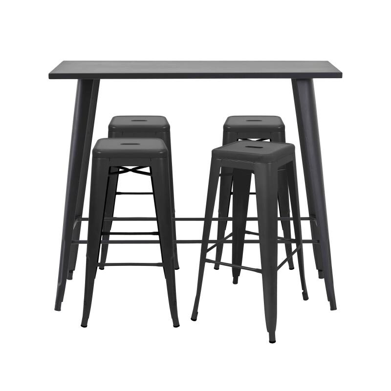 Mesa alta de jardín de 120 x 60 cm y 4 taburetes de metal negro mate