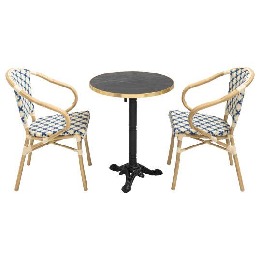 Mesa de jardín bistro inclinable de laminado efecto mármol y hierro fundido Ø60 cm y 2 sillas de ratán sintético y aluminio | Ov