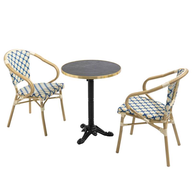 Mesa de terraza cuadrada de contrachapado con canto de aluminio ⌀60 cm y 2 sillas estilo bistró parisino