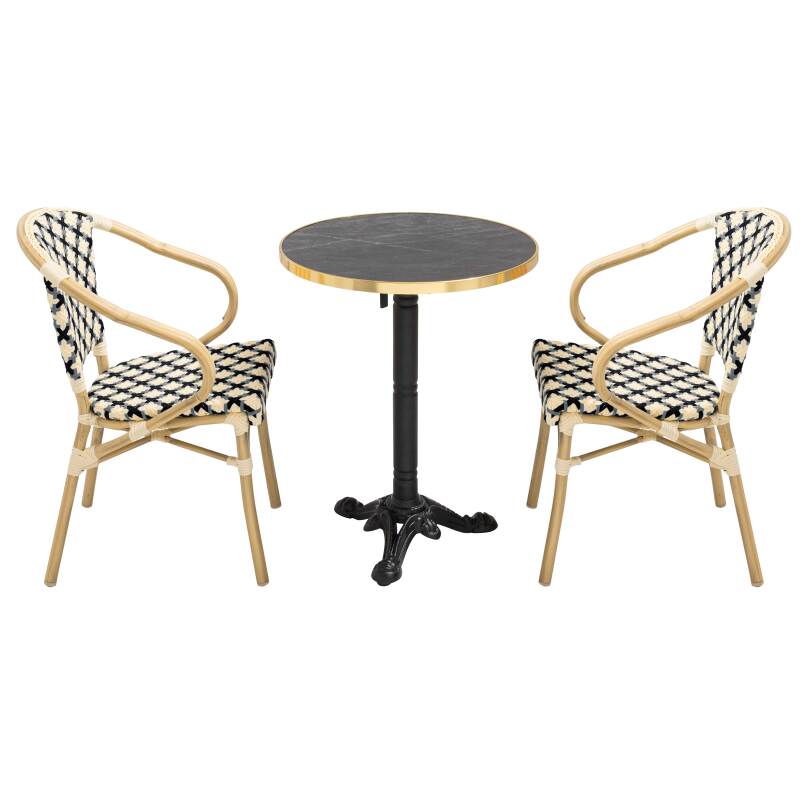 Mesa de terraza cuadrada de contrachapado con canto de aluminio ⌀60 cm y 2 sillas estilo bistró parisino