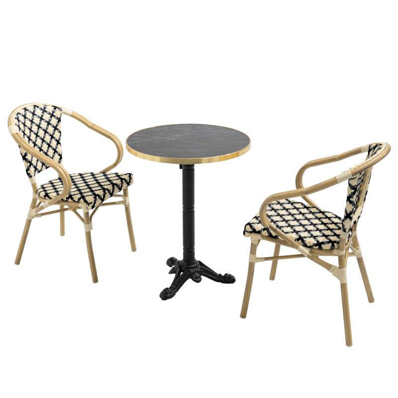 Mesa de terraza cuadrada de contrachapado con canto de aluminio ⌀60 cm y 2 sillas estilo bistró parisino