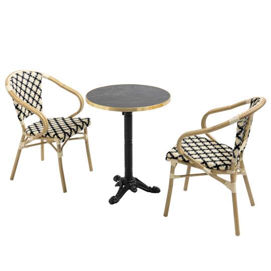 Mesa de jardín bistro inclinable de laminado efecto mármol y hierro fundido Ø60 cm y 2 sillas de ratán sintético y aluminio | Ov