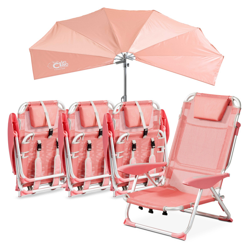 Lote de 4 sillones de playa de playa plegable y reclinable con sombrilla