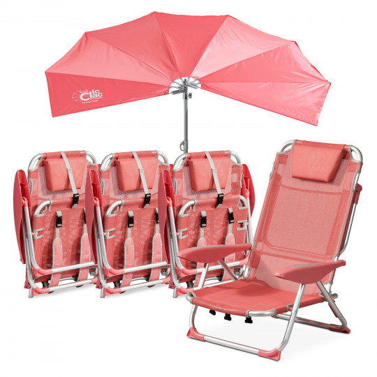 Lote de 4 sillones de playa de playa plegable y reclinable con sombrilla