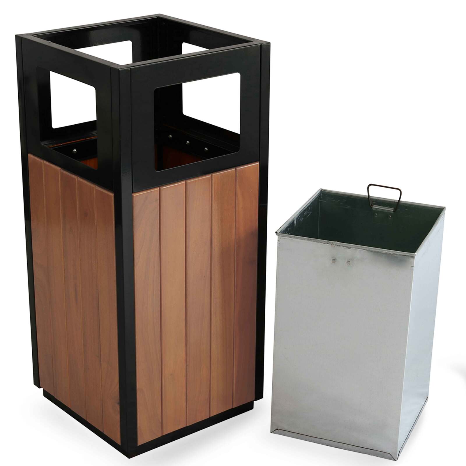 Juego de 2 cubos de basura de acero y polimadera con cenicero - 29L Juego de 2 cubos de basura de acero y polimadera con cenicero - 29L
