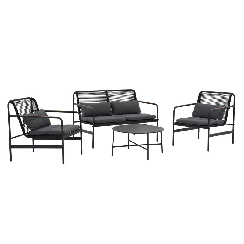 Mueble de jardín metálico de 4 plazas con 1 sofá, 2 sillones y mesa de centro.