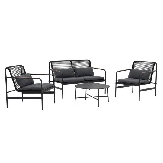 Mueble de jardín metálico de 4 plazas con 1 sofá, 2 sillones y mesa de centro.