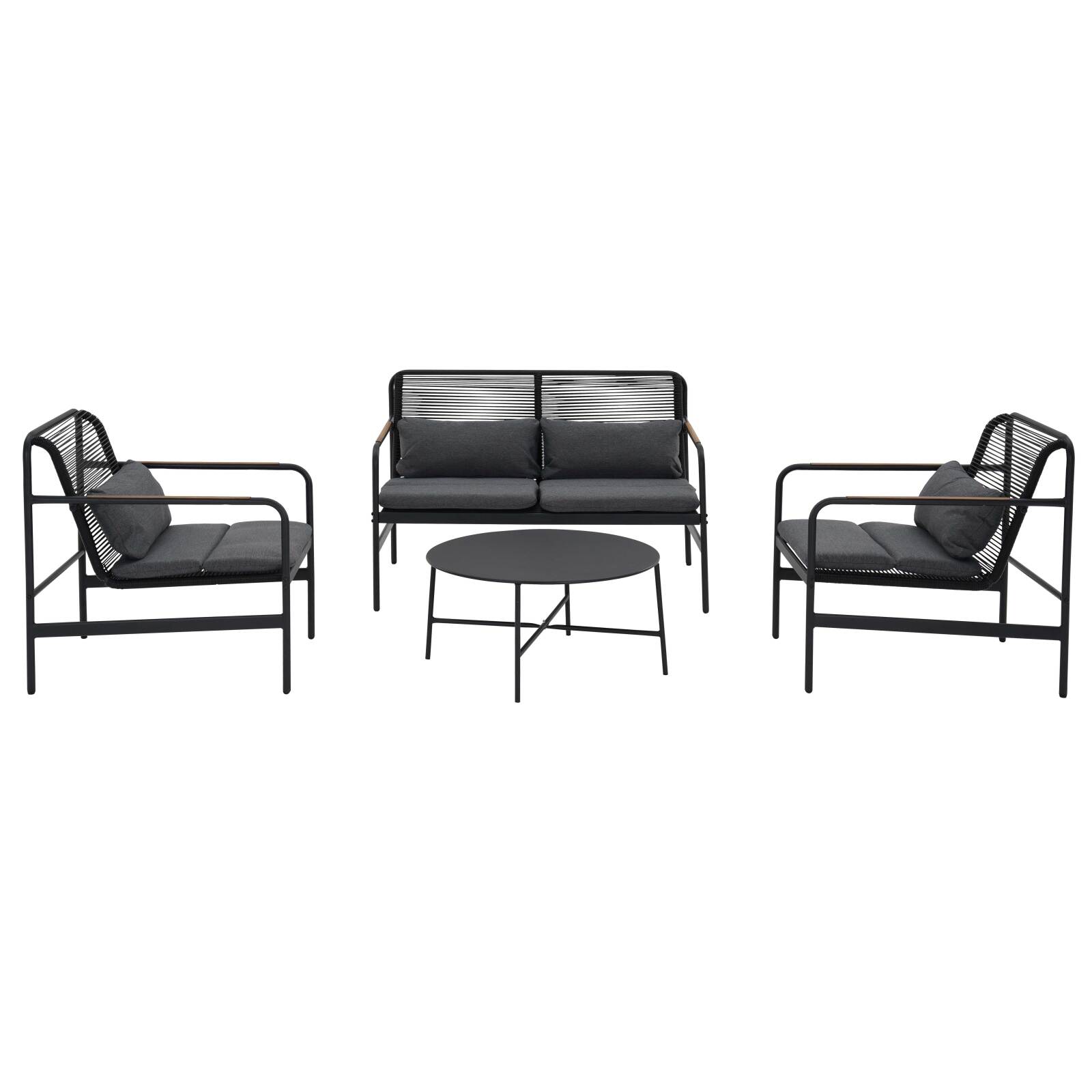 Mueble de jardín metálico de 4 plazas con 1 sofá, 2 sillones y mesa de centro.