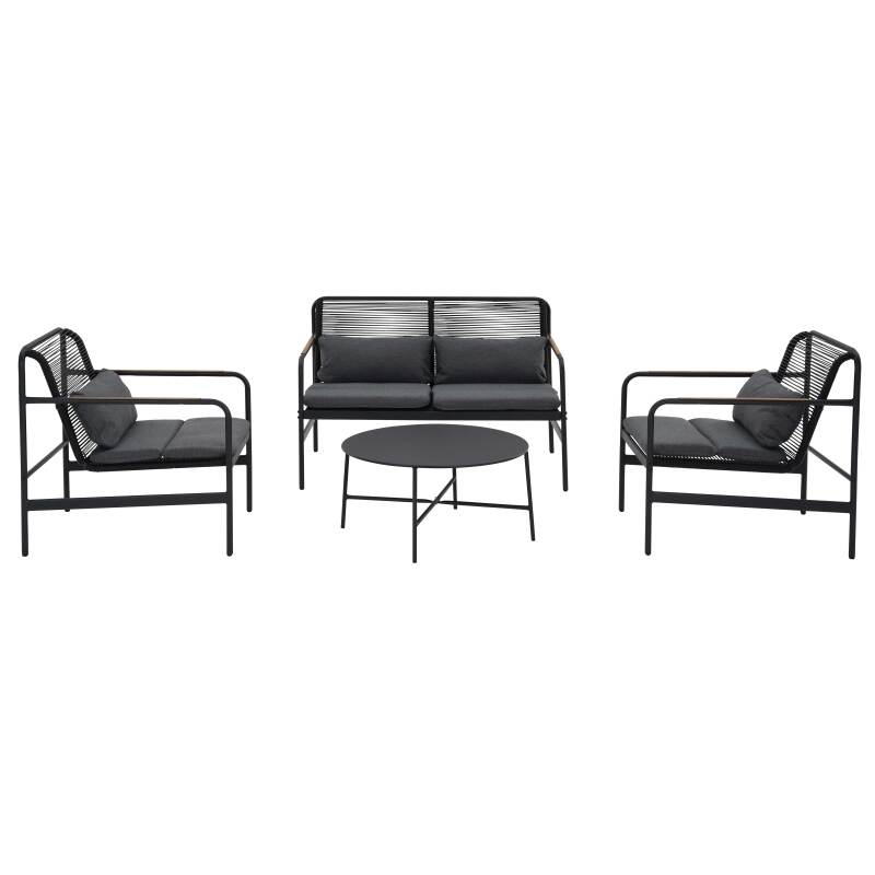 Mueble de jardín metálico de 4 plazas con 1 sofá, 2 sillones y mesa de centro.