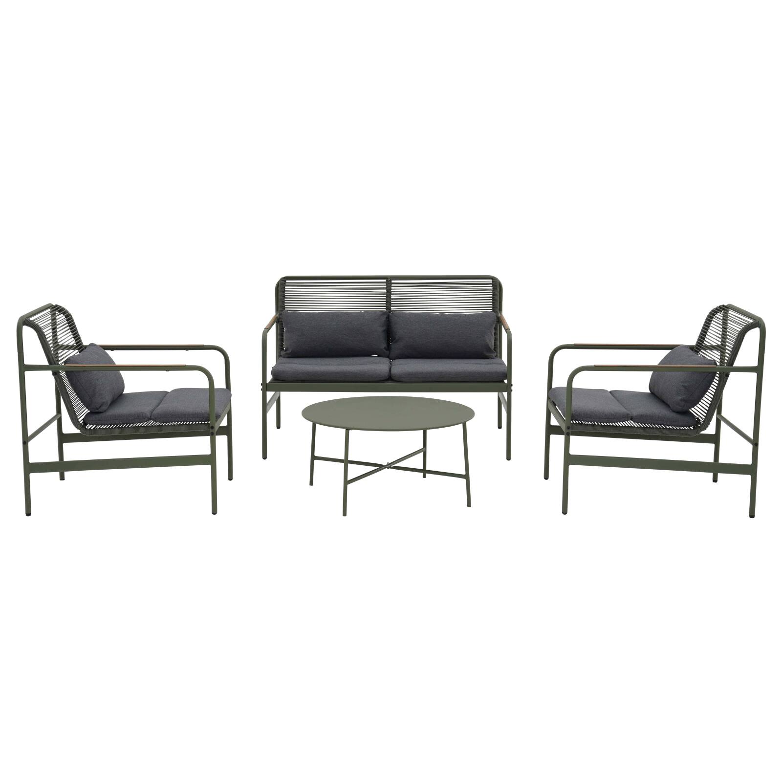 Mueble de jardín metálico de 4 plazas con 1 sofá, 2 sillones y mesa de centro.