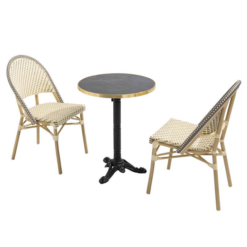 Mesa de terraza ⌀60 cm reclinable laminada y 2 sillas estilo bistró en ratán sintético