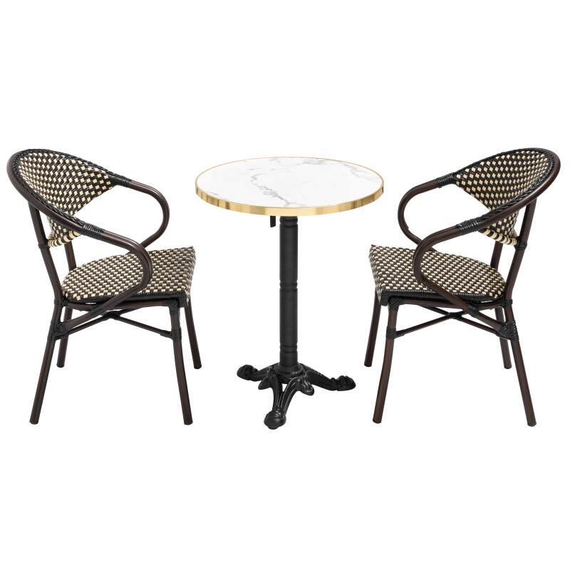 Mesa de terraza ⌀60 cm reclinable laminada y 2 sillas bistro en aluminio y ratán sintético