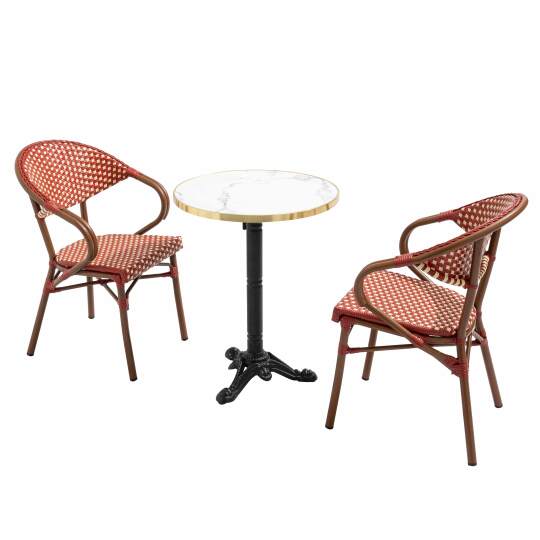 Mesa de terraza ⌀60 cm reclinable laminada y 2 sillas bistro en aluminio y ratán sintético