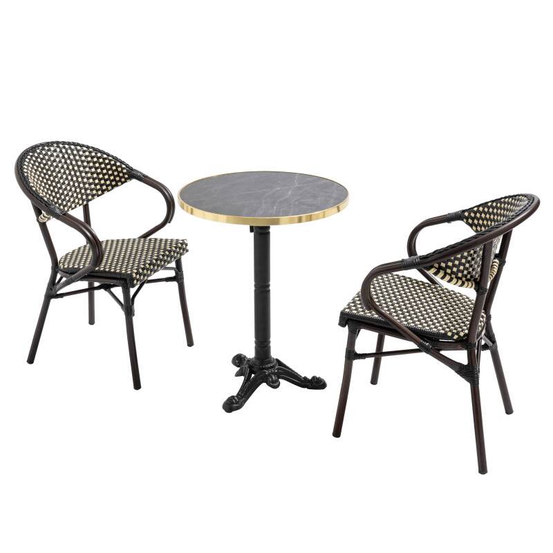 Mesa de terraza ⌀60 cm reclinable laminada y 2 sillas bistro en aluminio y ratán sintético