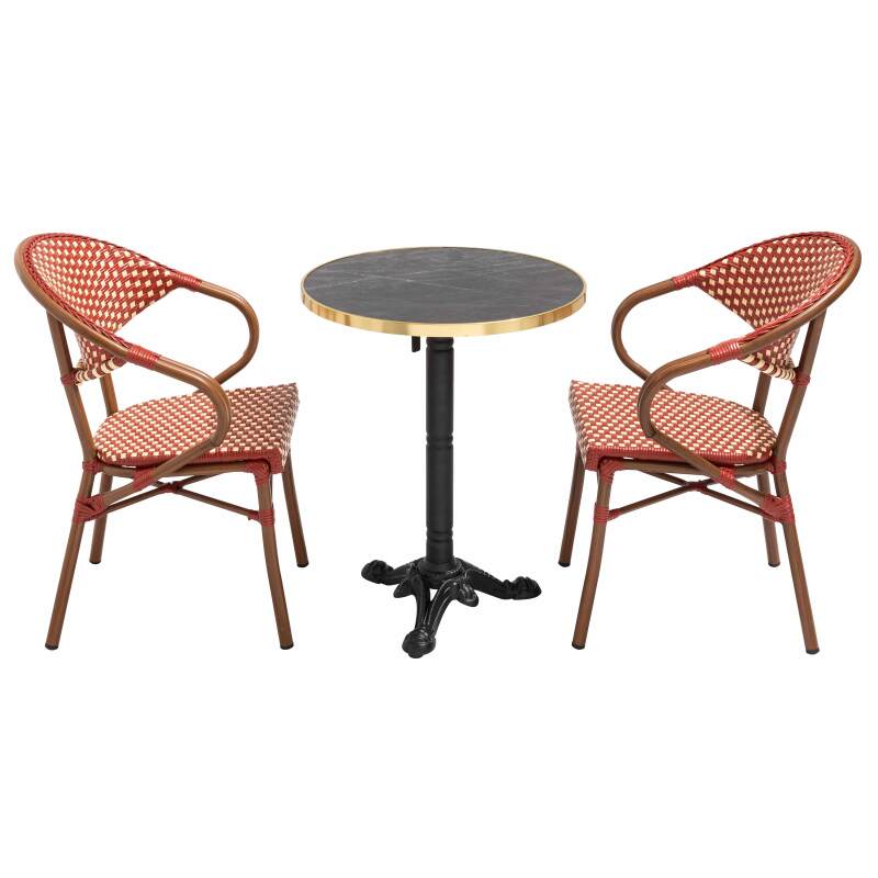 Mesa de terraza ⌀60 cm reclinable laminada y 2 sillas bistro en aluminio y ratán sintético